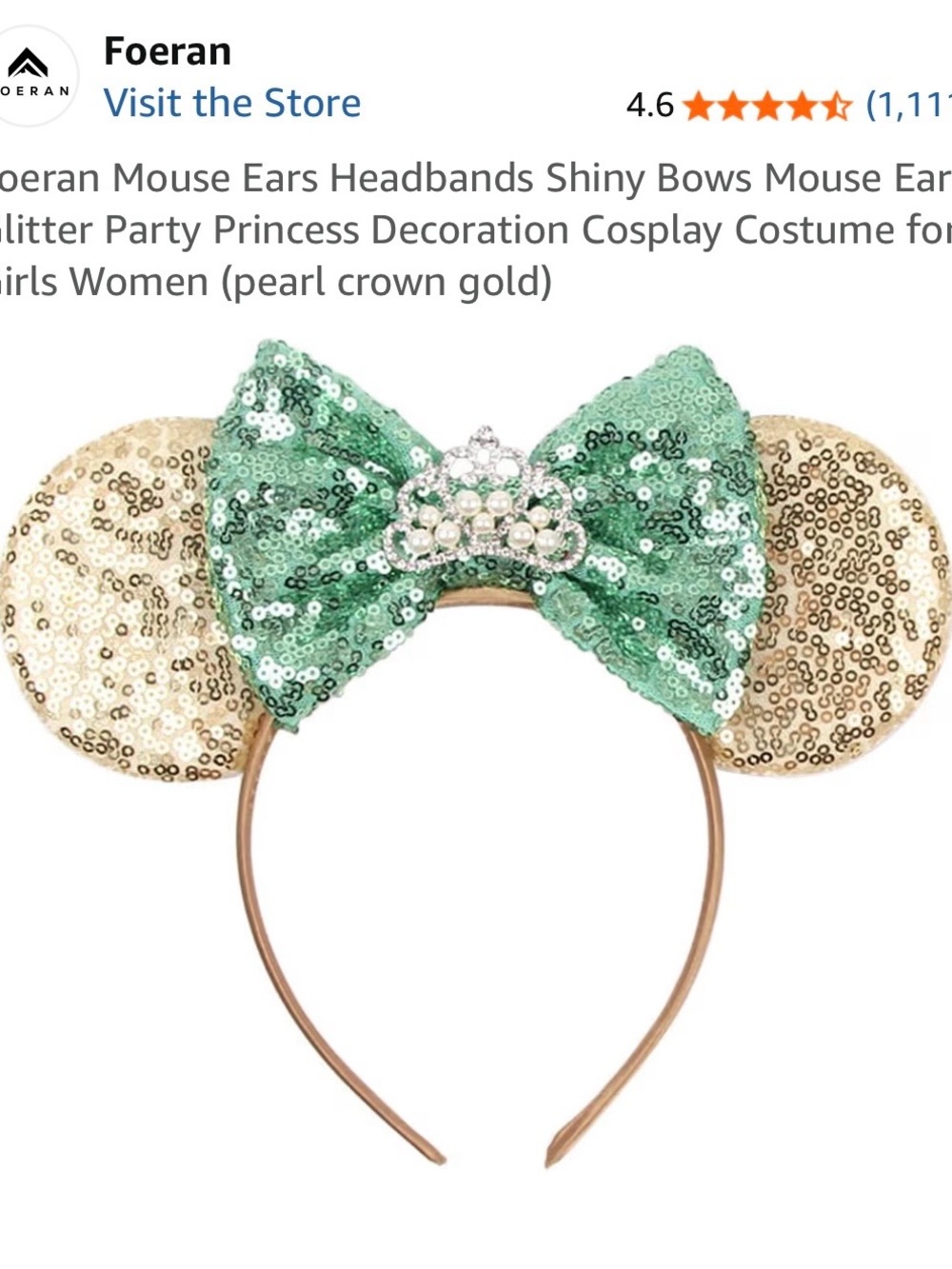 Sequin Mouse Ear Headband with Green Bow and Gold Ears